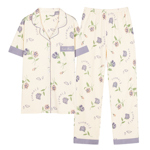 芬腾可安睡衣女纯棉夏季短袖长裤2025新款夏天休闲家居服妈妈套装