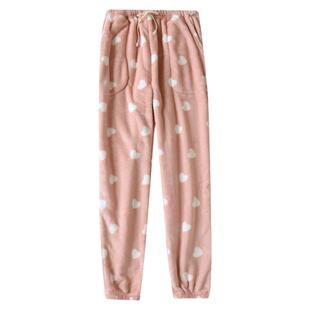 冬季睡裤女加厚法兰绒保暖珊瑚绒清新甜美家居裤收口束脚长裤冬天