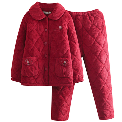 老年人三层加厚珊瑚绒夹棉睡衣女