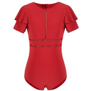 爱美丽IMIS商场同款泳衣女无托荷叶边袖显瘦藏肉海边度假连体泳衣