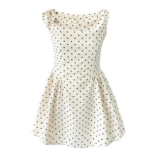 Narratorgirls米黑色波点蝴蝶结荡领法式优雅收腰显瘦无袖连衣裙