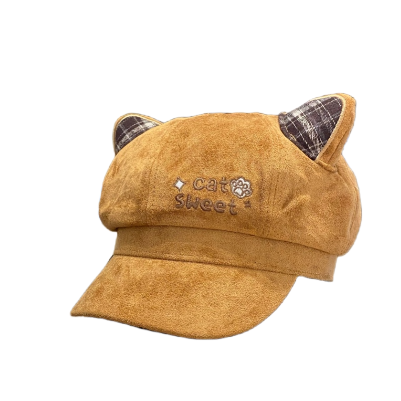 可爱猫耳朵格纹八角帽子女秋冬季