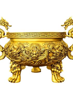 铜九龙香炉摆件莲花炉圆底炉龙戏珠家用客厅室内大号佛堂工艺品