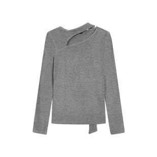 pusumede冬旬夜曲 气质斜肩飘带长袖t恤女修身针织打底衫内搭上衣