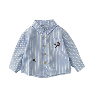 男宝宝春秋款韩版刺绣长袖衬衫男童洋气翻领条纹上衣婴儿休闲衬衣