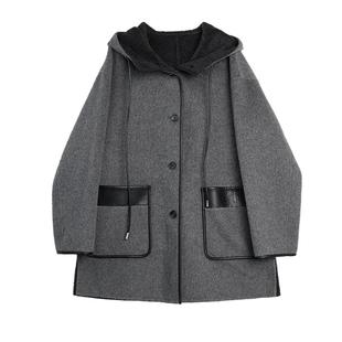 【100%绵羊毛】ELLE灰色拼接双面呢大衣女2025冬新款宽松毛呢外套