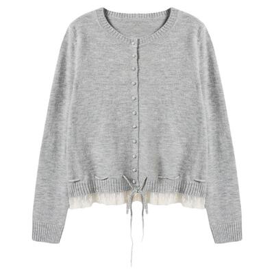 西町村屋简约韩系开衫女2025秋季新款蕾丝拼接短款上衣XHAC10306