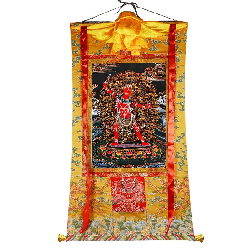 闯隆 宁玛三根本唐卡黑卡 西藏式《啦呼啦一髻佛母、单坚像》挂画