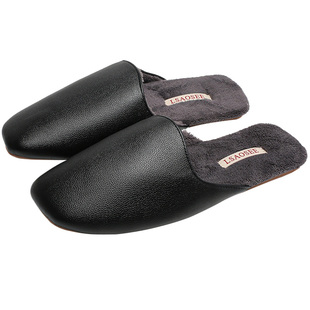 秋冬奶油风简约高级感PU皮棉拖鞋女防水保暖情侣防滑轻声牛筋底男