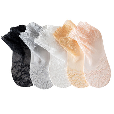 袜子女夏季薄款蕾丝花边防滑不掉跟防臭隐形棉袜白色女士浅口短袜