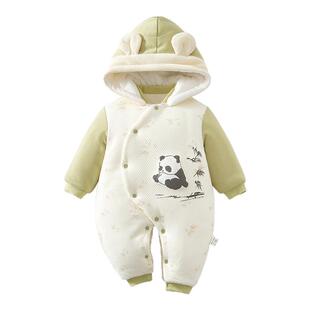 婴儿衣服冬季280g新生宝宝熊猫夹棉连体衣外出服秋冬装初生棉百搭