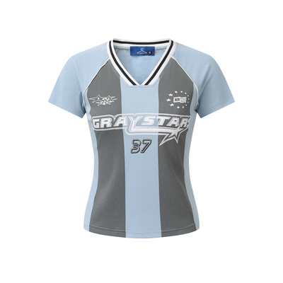 美式复古撞色V领短袖显瘦女T恤