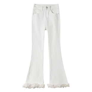 白色木耳花边八分微喇牛仔裤女矮小个子148-155显瘦显高9分喇叭裤