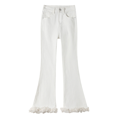 白色木耳花边微喇牛仔裤女小个子