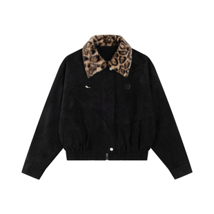 Amoeba美式复古拼接豹纹毛领翻领夹棉外套冬季新款男女棉服夹克