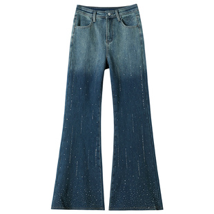 拉夏贝尔满天星烫钻加绒微喇牛仔裤女秋冬新款高腰设计感喇叭裤子