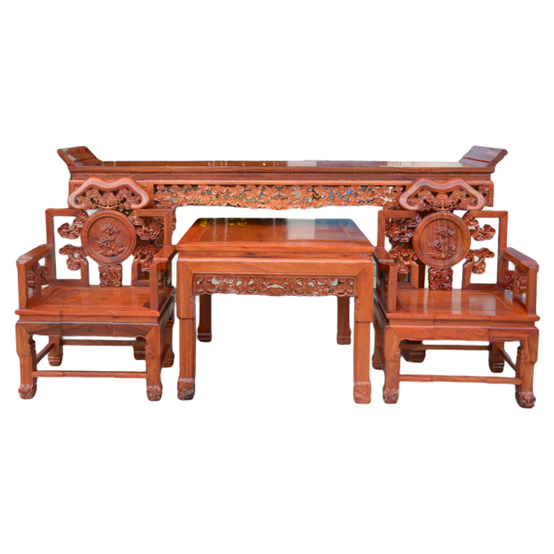 红木家具 缅甸花梨木中堂四件套  雕花灵芝太师椅长条案中式客厅
