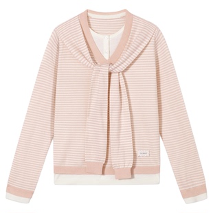 PSO Brand 女装学院风假两件撞色V领条纹针织衫连帽披肩毛衣秋冬