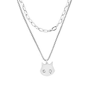 钛钢恶魔小猫卡通项链吊坠饰品双层叠链嘻哈设计小众情侣男女可爱