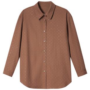 SALT.P可颜宽松翻领复古咖啡色烫钻格纹长袖衬衫秋款
