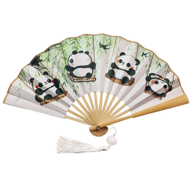 熊猫扇子全竹扇夏日清凉绢布折扇