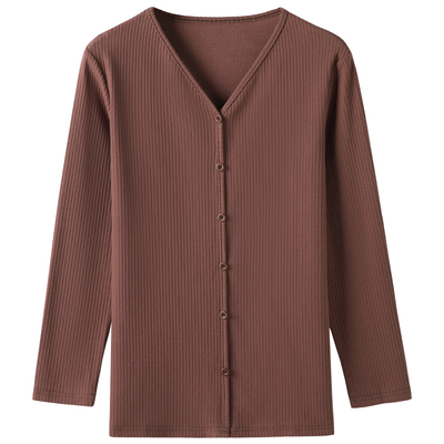 长袖纽扣V领常规纯棉女不起球