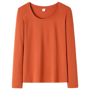 橘红色t恤女长袖中年妈妈棉质大圆领弹力打底衫修身内搭外穿体桖
