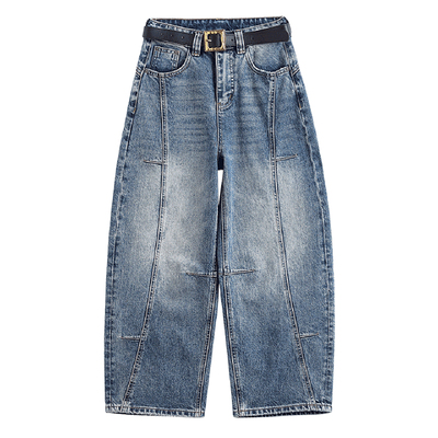 美式拼接弯刀裤九分阔腿牛仔裤女1276新款时尚设计感小个子香蕉裤