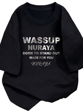 wassupnuraya美式短袖重磅纯棉宽松上衣夏季新款圆领男装烫印印花