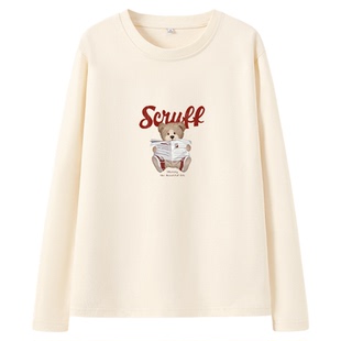 班尼路杏色纯棉长袖t恤女2025秋季新款休闲宽松时尚百搭圆领上衣N