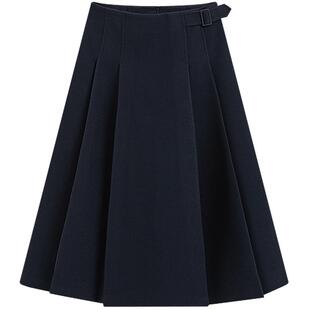 KBNE新时代学院风藏青色百褶裙女装2025冬季新款复古a字裙长裙子