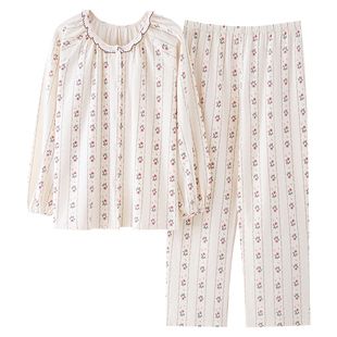 睡衣女新款春秋季长袖中年妈妈圆领纯棉家居服秋天套装休闲可外穿