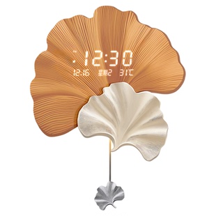 现代轻奢客厅挂钟高级感万年历电子时钟发光银杏叶电视背景墙钟表