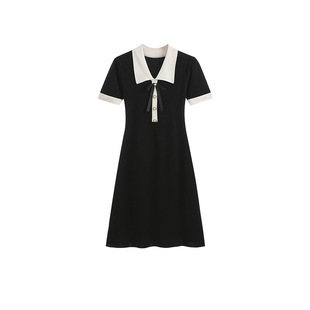 连衣裙子女包臀针织小香风收腰气质显瘦修身黑色娃娃领短袖新款夏