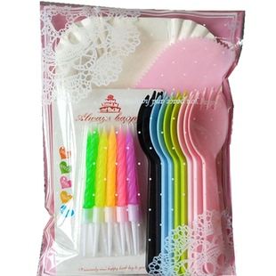 一次性刀叉盘蛋糕餐具刀叉盘四合一刀叉盘蜡烛塑料刀叉200套包邮