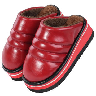 冬季手工皮面棉拖鞋男女士厚底高跟泡沫防滑底居家室内外保暖毛绒