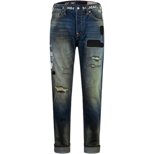 EVISU 福神男士海鸥刺绣水洗破洞渐变窄脚锥形版型牛仔裤