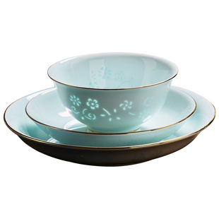 景德镇影青描金玲珑餐具陶瓷碗碟家用饭碗面碗盘碟高温玲珑瓷DIY