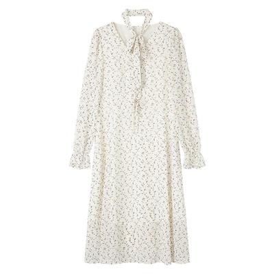 布景系带V领长袖小碎花连衣裙