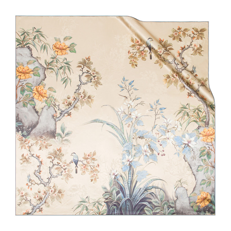 小众国画花鸟桑蚕丝大方巾披肩