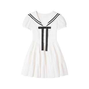 【芝芝海盐】Uena白色海军风v领蝴蝶结A字收腰抽褶蛋糕下摆连衣裙