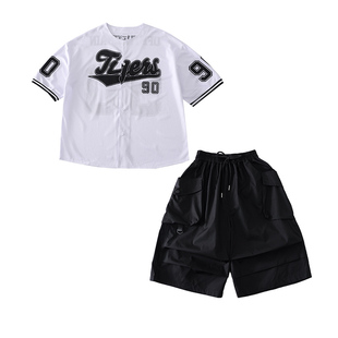 夏季儿童街舞演出服男女孩嘻哈酷帅套装hiphop棒球服短袖外套2025