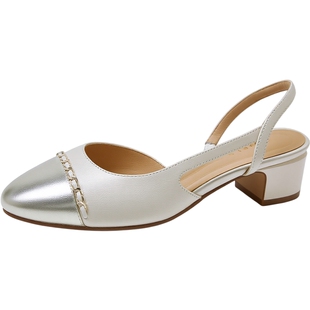 康莉法式小香风包头凉鞋女2026春夏新款真皮拼色粗跟低跟气质女鞋