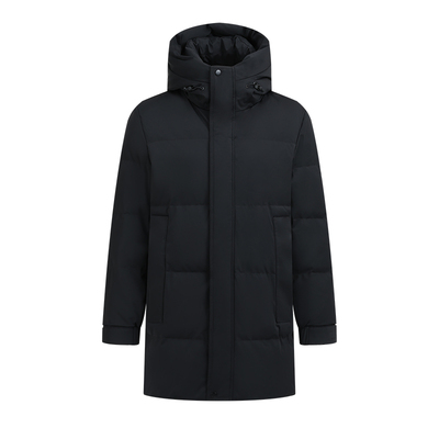 浪登高充绒中长款连帽黑色羽绒服
