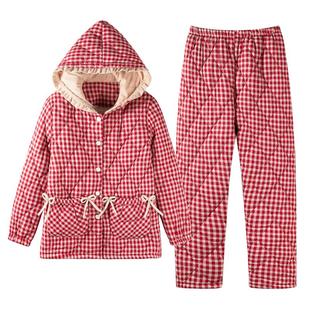 梭织纯棉夹棉睡衣连帽红色女士冬款三层加厚加绒秋冬季家居服套装