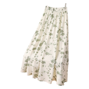 绿色印花雪纺半身裙女2026新款国风松紧高腰a字碎花长裙夏季伞裙