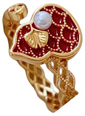 红色花丝葫芦珍珠开口戒指小众