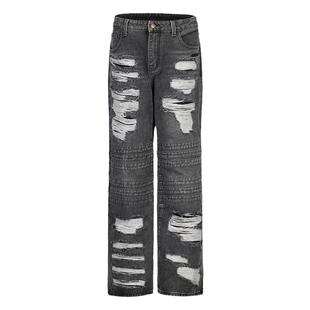 【特价清仓】GRKC吉尔卡克 捆条破洞牛仔裤水洗做旧宽松直筒裤男