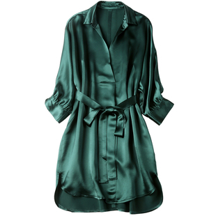 2026春夏新款三醋酸缎面小众法式连衣裙女长袖气质设计感衬衫裙