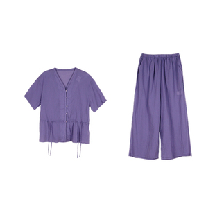 朵朵可可2026夏季轻薄皱褶纯棉睡衣女夏季优雅V领短袖家居服套装